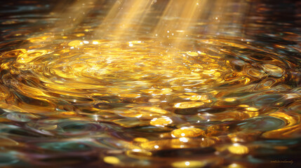 Golden liquid surface with light rays creating ripples and reflections