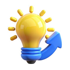 3d bright yellow light bulb with blue upward arrow symbolizing innovation and growth transparent background
