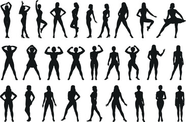 Collection of diverse female silhouette poses, including dance, fashion, fitness, and model postures, flat vector illustration for design
