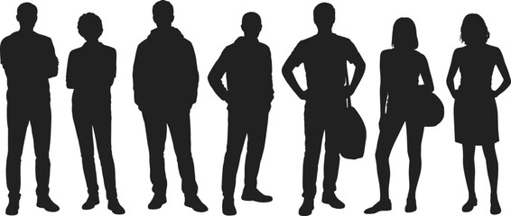 Group of casual people silhouette, standing men and women in various poses, modern street fashion, flat vector illustration