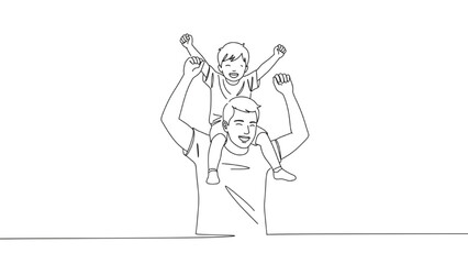 Fototapeta premium Minimalist line art father carrying child on shoulders happy family continuous drawing illustration