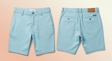 Soft Sky-Blue Pastel Chino Shorts Mockup, Front and Back on Peach-Ivory Gradient