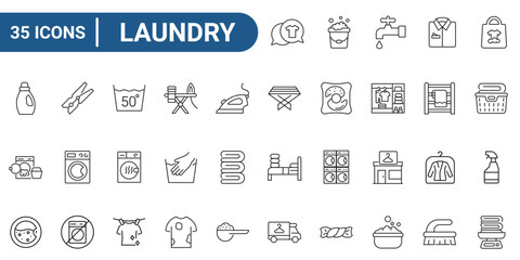 Laundry line icon set. Includes laundry, washing machine, detergent, clean clothes, iron, towel. Editable stroke. Vector illustration