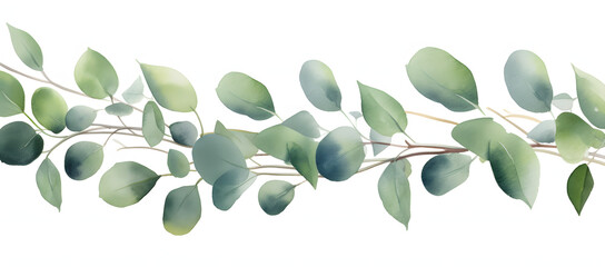 Beautiful Watercolor Eucalyptus Leaves and Branches on White Background