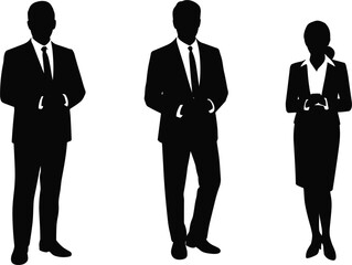 Flat vector illustration of business professionals in formal suit silhouette, corporate standing pose, male and female office workers in black.