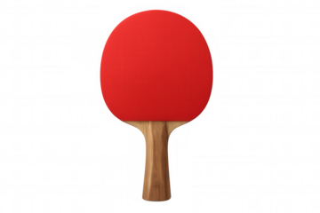 Red table tennis paddle with wooden handle on a transparent background, perfect for sports and competition designs