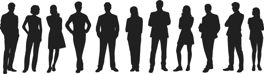 Flat vector illustration of diverse business professionals, men and women in standing pose, team silhouettes, formal outfit, corporate style.