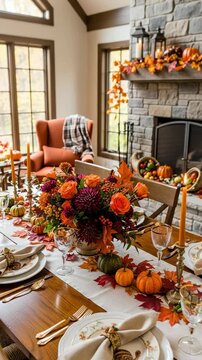 Festive Thanksgiving dinner table setting with autumn decorations. Cozy home interior with a fireplace, fall centerpiece, and pumpkins.