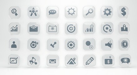 Set of transparent user interface icons for web and mobile applications.