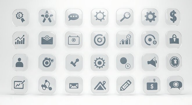 Set of transparent user interface icons for web and mobile applications.