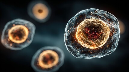 Microscopic view of cells with visible nuclei against a dark background.