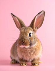 Obraz premium Cute rabbit portrait against pink