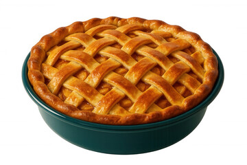 Golden-crusted apple pie cooling in green ceramic dish, showcasing homemade bakery delicacy against transparent background