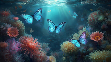 Obraz premium Graceful butterflies dance among vibrant coral, serene underwater realm where bright energy can awaken soul beneath calm blue sea. truly peaceful