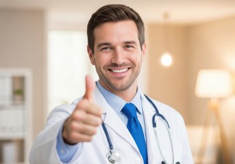 A smiling male doctor in a white coat and stethoscope gives a thumbs up, conveying confidence and good health