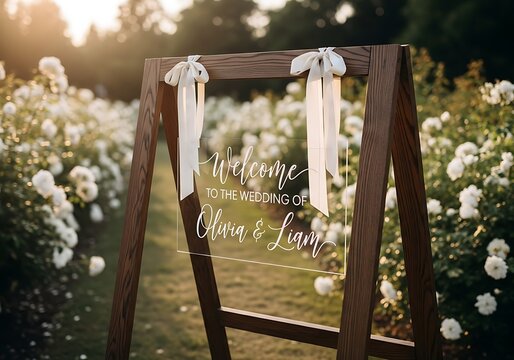 Elegant welcome sign for Olivia and Liam's wedding in a beautiful outdoor floral setting at sunset
