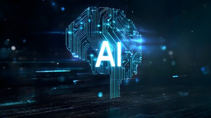 Luminous blue Artificial Intelligence brain icon with glowing circuit board pathways and AI logo.