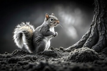 Eastern Gray Squirrel Standing on Dirt Mound Near Tree with Dramatic Lighting