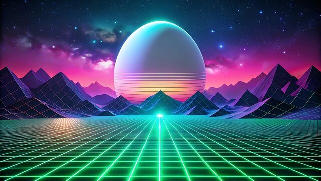 Futuristic Landscape with Glowing Grid and Alien Structure in a Synthwave Style - Powered by Adobe