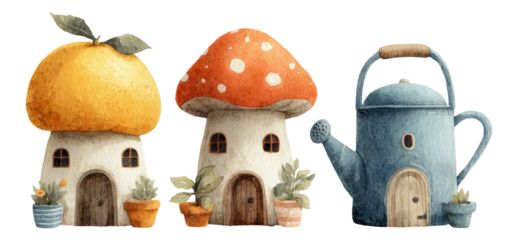 Charming watercolor illustration of whimsical houses with plants