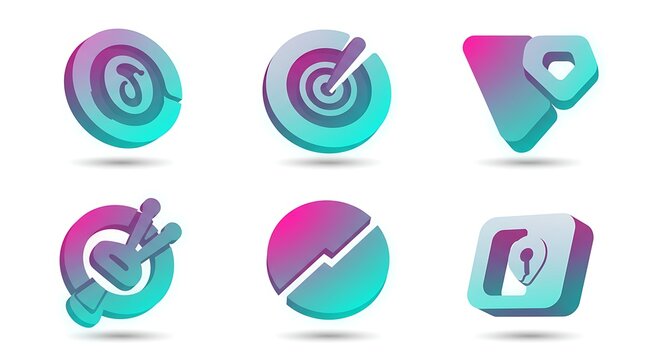 A collection of six vibrant 3D abstract icons with pink and teal gradient colors, featuring geometric shapes like targets, pie charts, and security symbols.