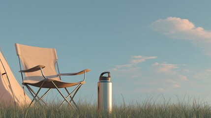 Minimal outdoor scene with a small beige canvas camping chair in the bottom left, a silver stainless steel thermos on short light green grass, 70% pale blue sky with a single wispy cloud