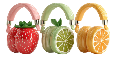 Cute Fruit-Themed Headphones with Colorful Design on Transparent Background