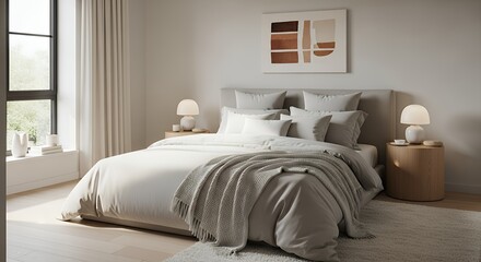 Modern Minimalist Bedroom Interior in Neutral Tones with Cozy White Bedding, Wooden Nightstands, Soft Lamps, and Abstract Wall Art