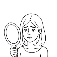 Black and white vector illustration of a worried young woman looking into a mirror, checking her skin with concern, symbolizing acne, beauty issues, or self-esteem problems