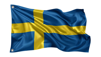 Waving Swedish national ensign with transparent backdrop, showcasing its vibrant blue and yellow