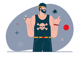Man wearing black tank top with skull image raise hand with metal sign. Rock n' roll vector illustration. Flat illustration concept.