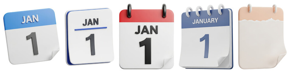 Fototapeta premium Collection of five different calendar pages showing january 1st, isolated on transparent background