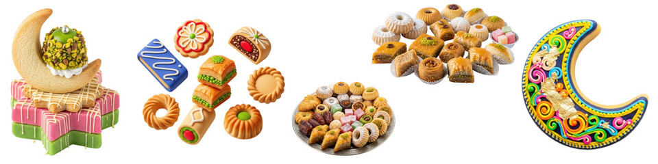Assortment of traditional islamic sweets and decorations isolated on transparent background