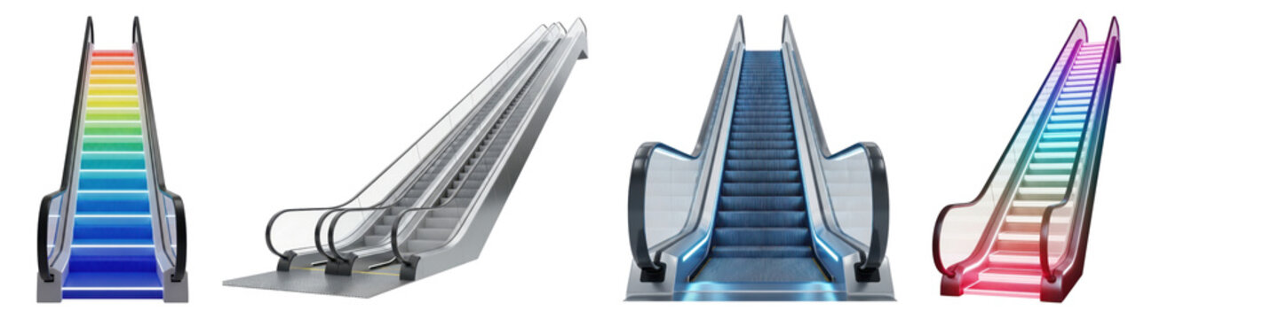 Collection of four escalators with different styles and colors isolated on transparent background