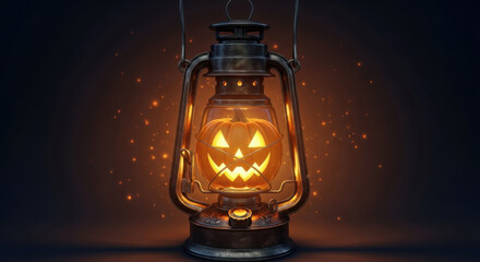 Vintage halloween lantern illuminates a spooky jack o lantern face with flickering lights