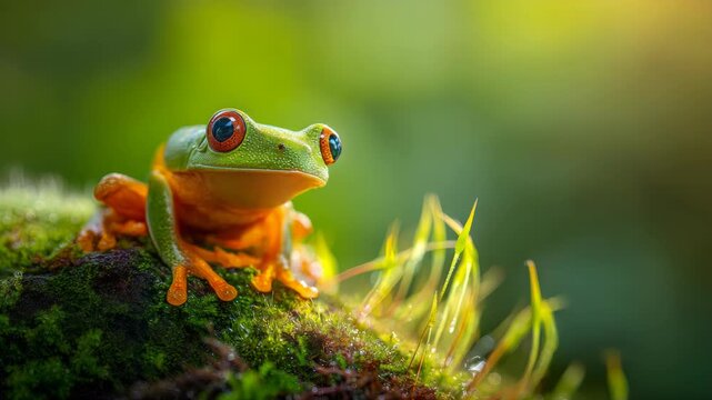 Close-up Portrait of a Red-Eyed Tree Frog Sitting on Mossy Substrate in Rainforest