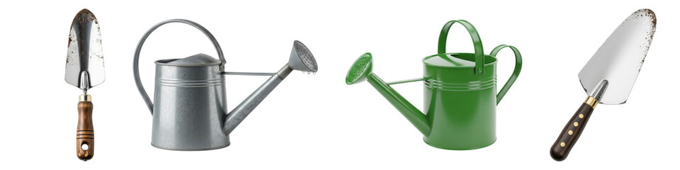 Gardening tools and watering cans isolated on transparent background