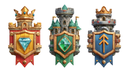 Detailed Isolated Medieval Shields with Crown on Transparent Background