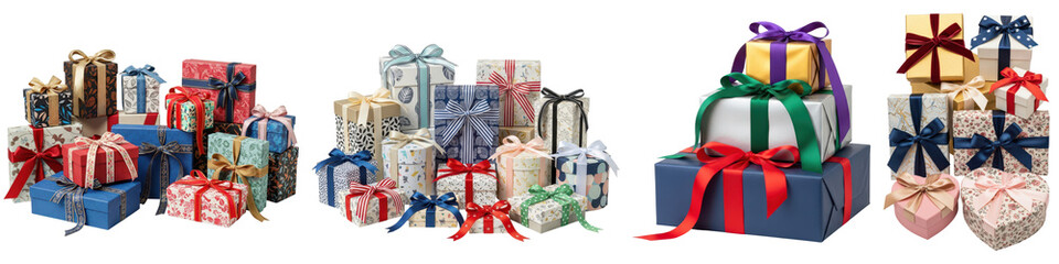 Collection of colorful gift boxes with ribbons and bows isolated on transparent background