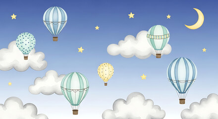 Hot Air Balloon Ride in blue sky white clouds background for wide banner of travel agency or adventure tour. Romance of ballooning in a good weather. Hot air balloons flies in blue sky. Copy space
