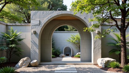 Fototapeta premium Serene garden pathway with archways and lush greenery.