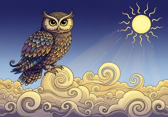 Obraz premium Owl perched on clouds at dawn