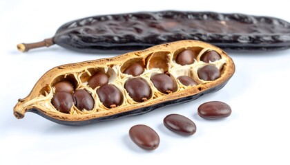 Obraz premium A lengthwise section of a dark pod reveals numerous dark brown seeds nestled within its light beige interior.