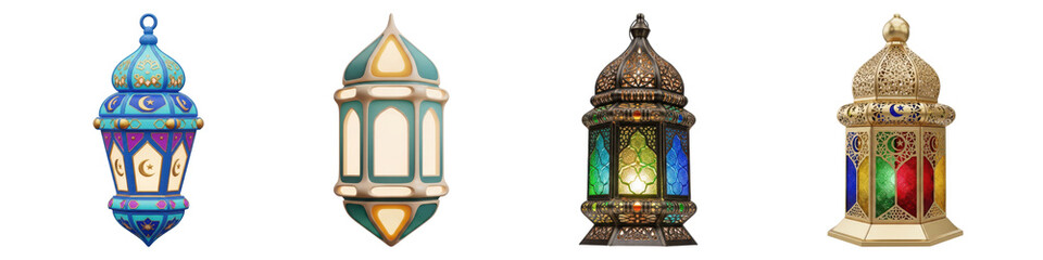 Obraz premium Collection of four ornate arabic islamic lanterns isolated on transparent background