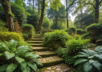 Overgrown ferns and moss-covered stones in Eduardo VII park gardens Lisbon Portugal