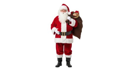 Santa Claus delivering presents in a sack standing on a plain background