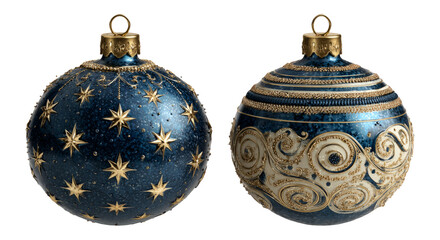 Elegant Blue Christmas Ornaments with Golden Accents on Transparent Background
