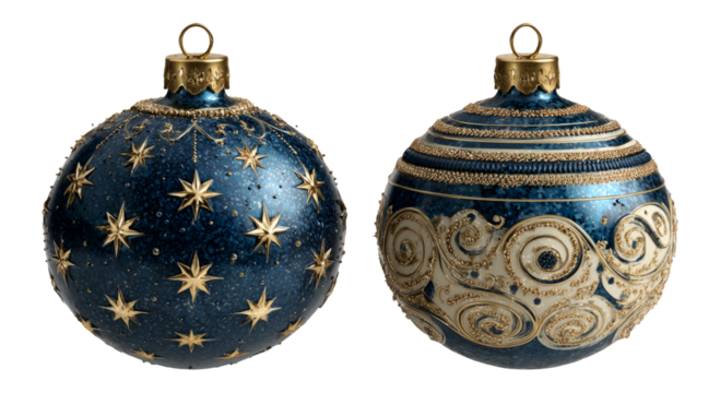 Elegant Blue Christmas Ornaments with Golden Accents on Transparent Background - Powered by Adobe