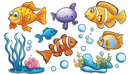 A colorful underwater scene with fish, bubbles, and seaweed.