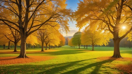 Golden hues of autumnal trees amidst lush green grass in a serene park setting